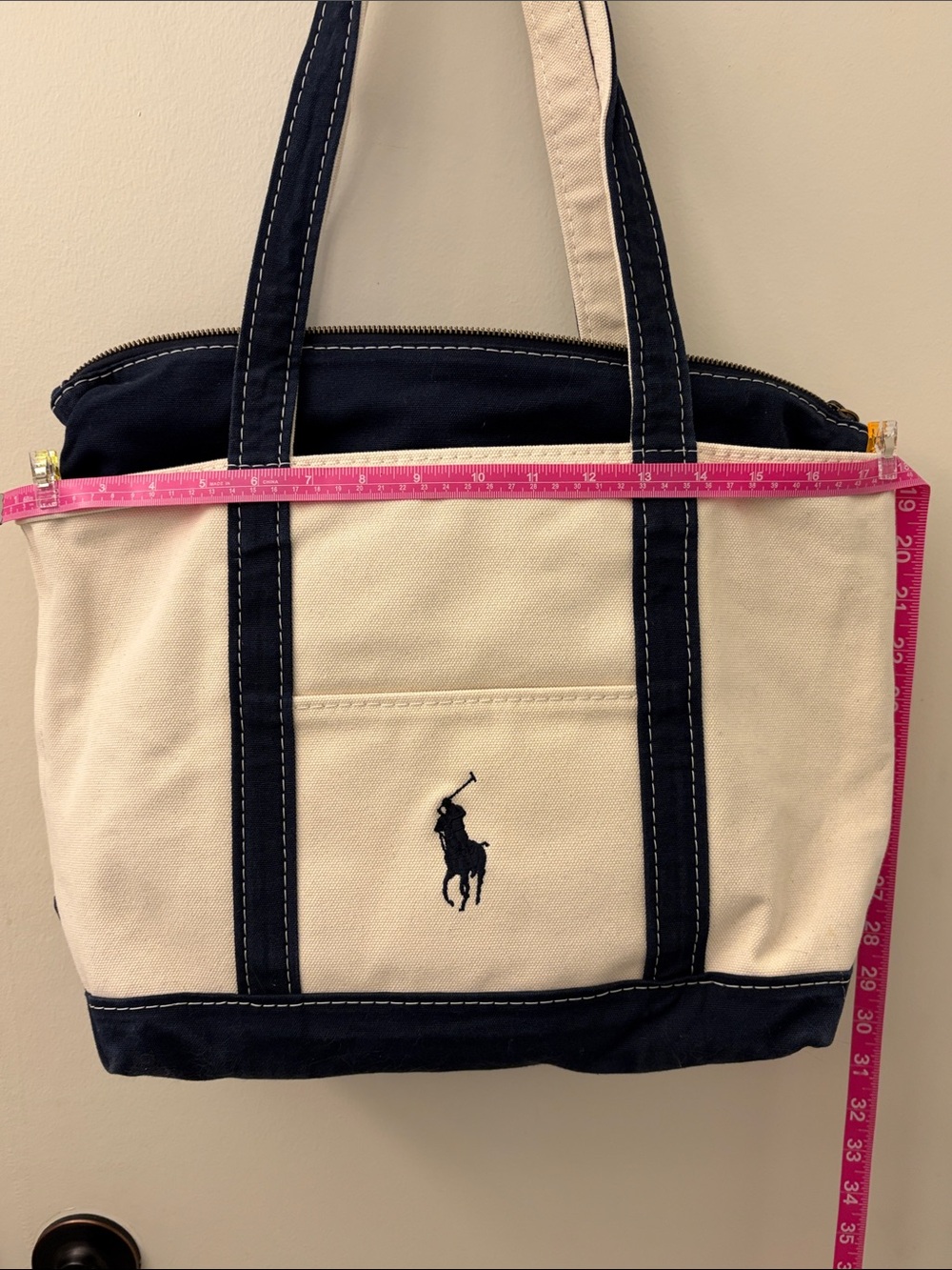 Polo by Ralph Lauren Navy and Cream Canvas Messenger Tote - Picture 7 of 8